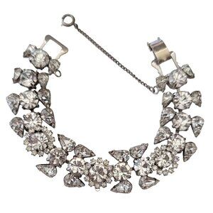 Silver Tone Clear Prong Set Rhinestone Snap Clasp Cluster Link Bracelet,  E796